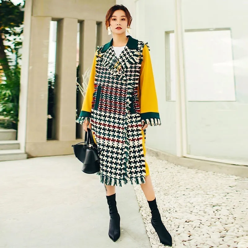 TWOTWINSTYLE хит цвета шерстяное пальто женский с длинным рукавом лоскутное кисточкой