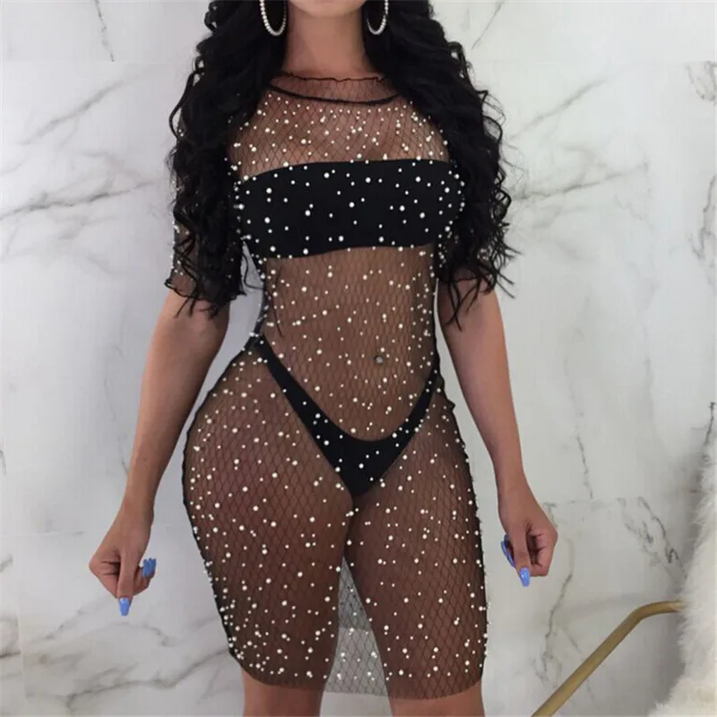 Женское сексуальное платье-бикини с жемчужинами летнее черное Короткое