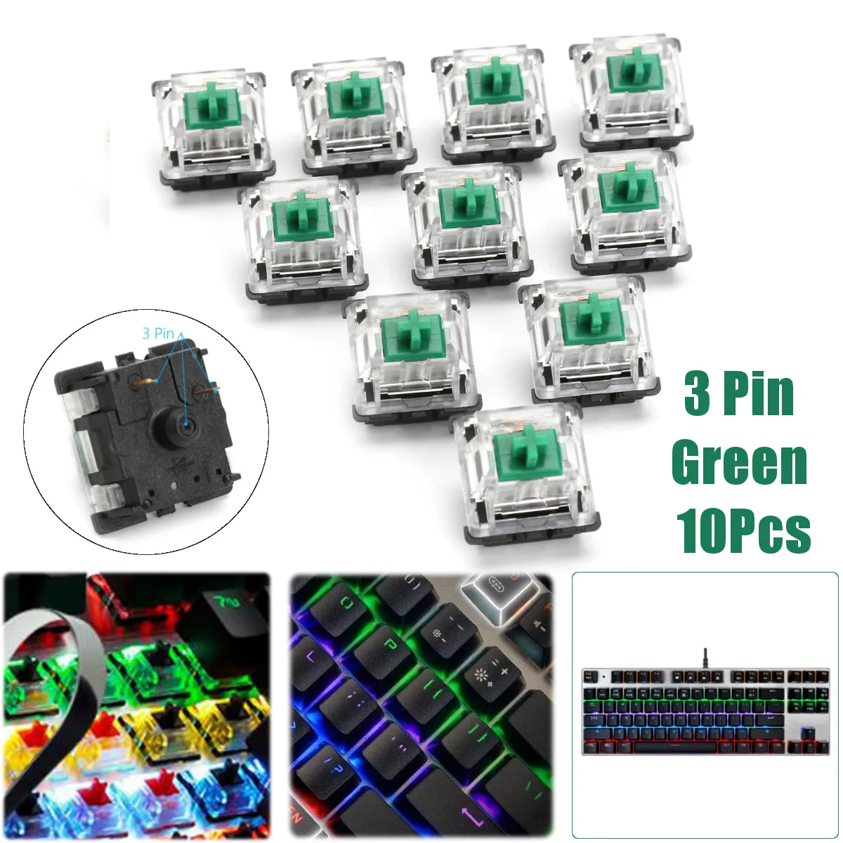 10 шт. RGB механический переключатель клавиатуры 3 Pin для Cherry MX Gateron SMD KeyCap зеленый
