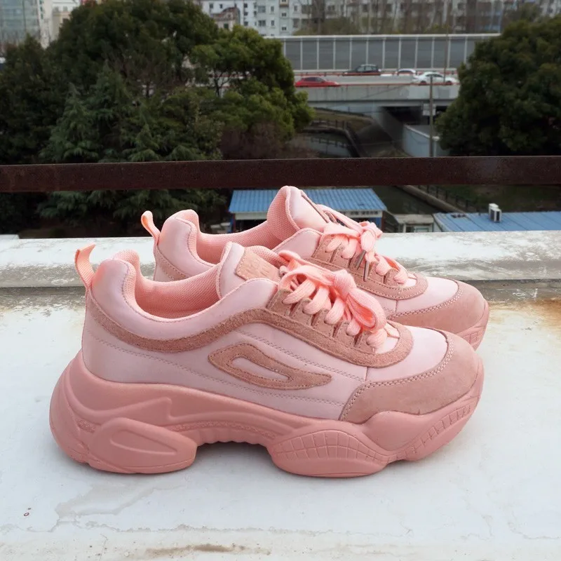 Женские кроссовки на массивной подошве RASMEUP розовые из натуральной кожи модные