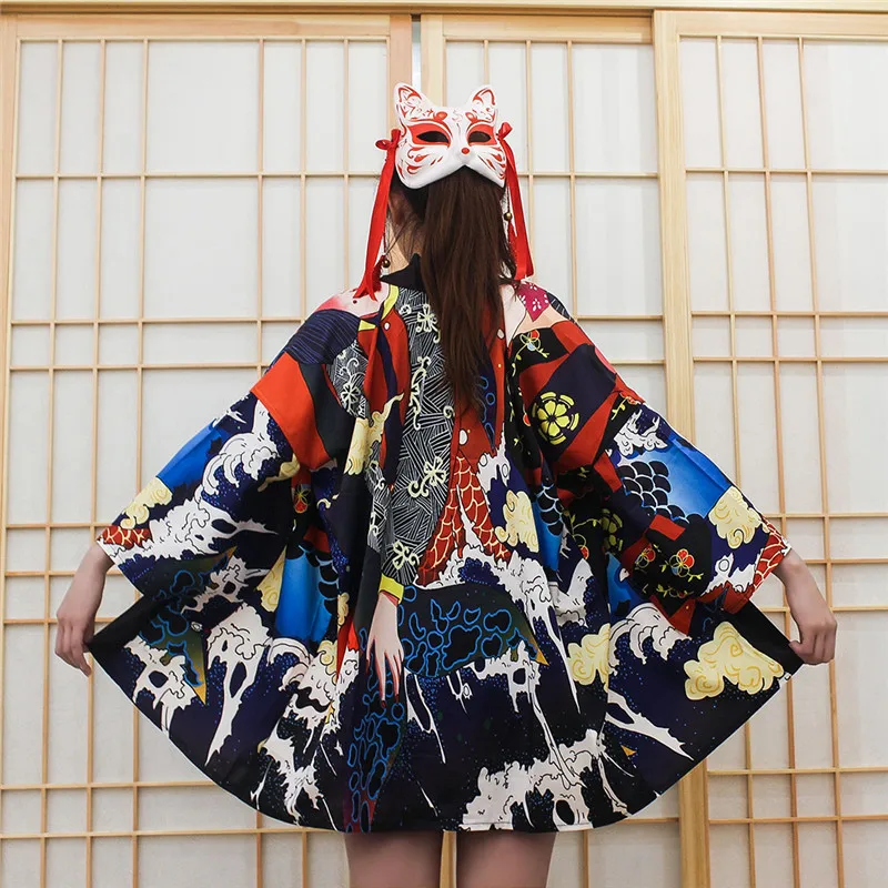 Harajuku кимоно японский Защита от Солнца защиты блузка печати повседневные