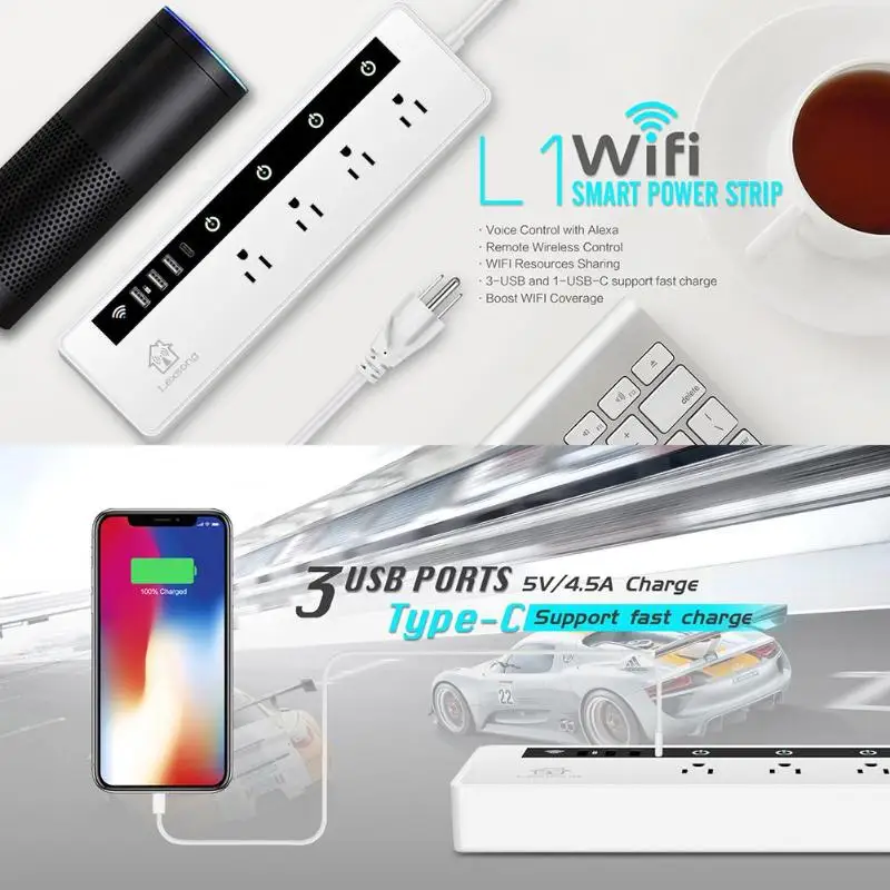 Высокое качество беспроводной WIFI умная розетка 4 порта 3xusb 1xType C приложение