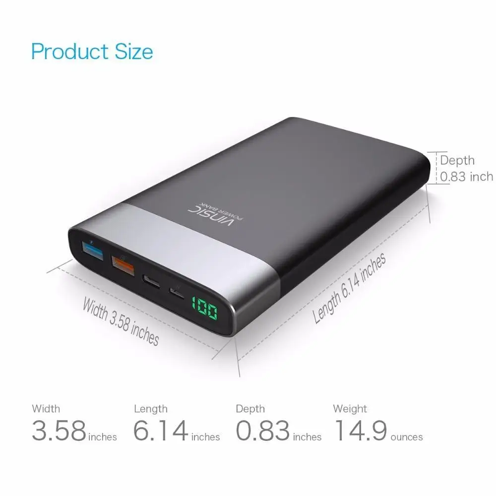 Vinsic 20000 мАч запасные аккумуляторы для телефонов Quick Charge 3 0 Двусторонняя type C Dual USB