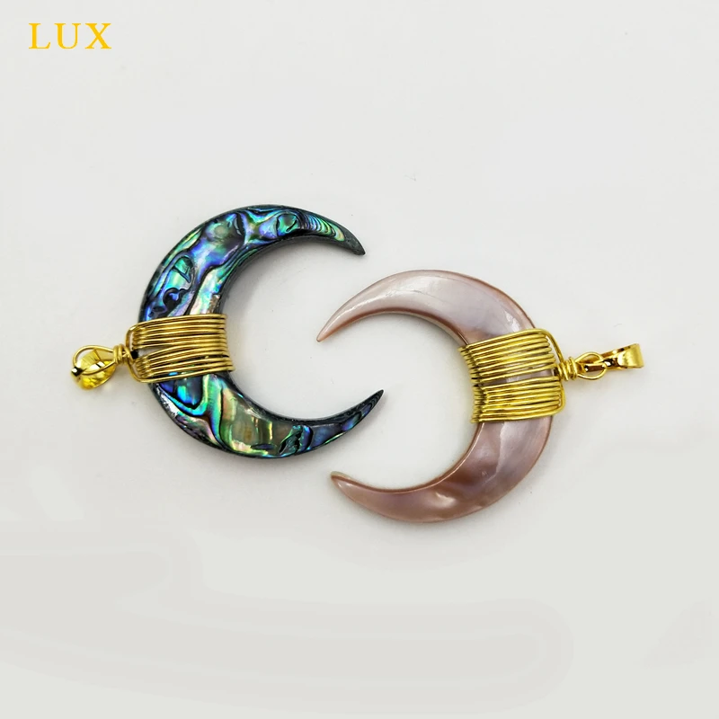 Crescent Moon Pendants Double Horn Pendant With Electroplated Gold Edges Charms wire wrap natural shell jewelry | Украшения и