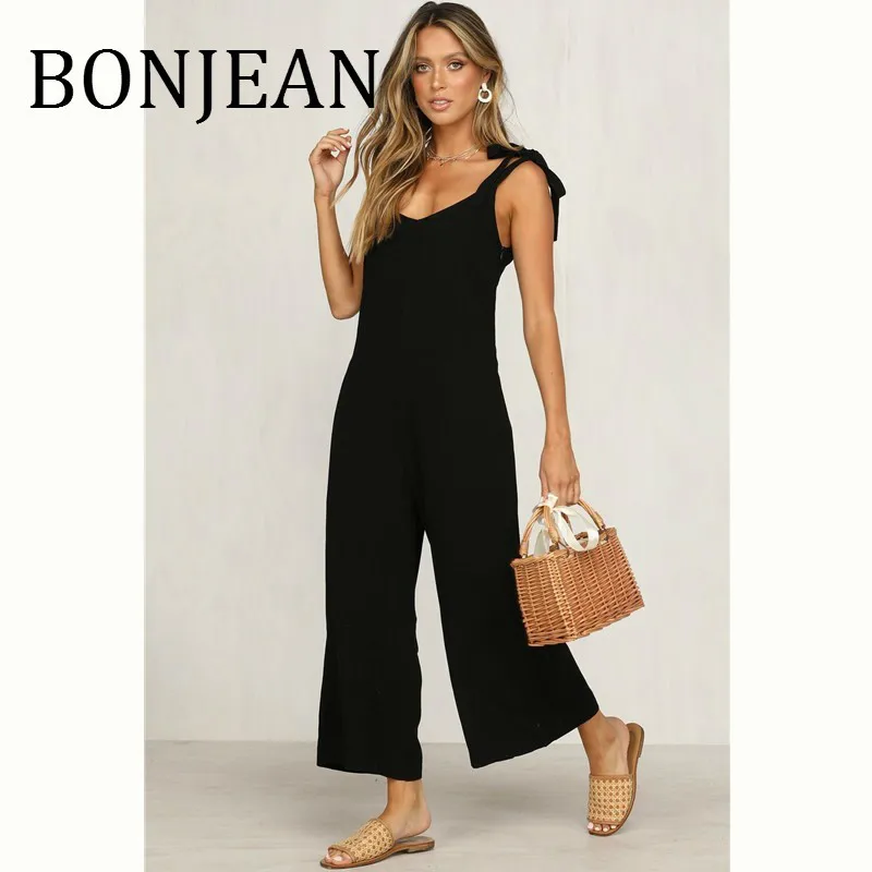 

Женские комбинезоны на бретельках BONJEAN, черные Свободные Комбинезоны до щиколотки, одежда для лета 2019, BJ864