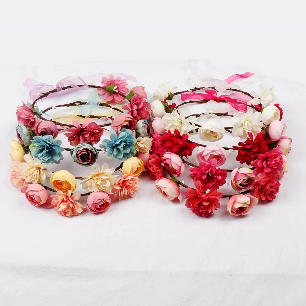 ncmama Hair Accessories Bride Flower Bands for Girls Floral Crown Headband Bezel with Lace Bow Ribbon Accessory | Детская одежда и