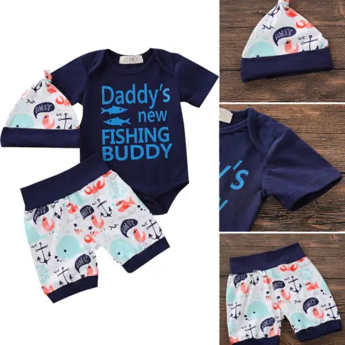 2019 Newborn Infant Baby Boy Top Romper Pants Hat Outfits Set Cotton Clothes |