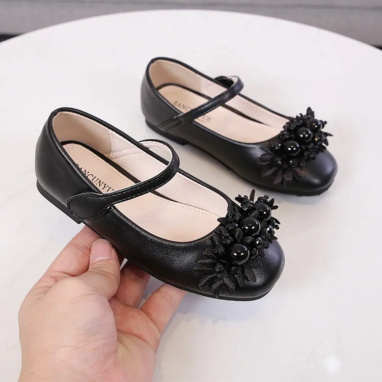 

kids shoes pearl flower princess shoes sweet versatile comfortable girl single four seasons show shoes wholesale