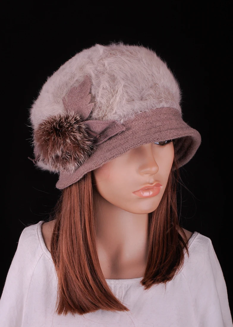 

M641 Fashion Light Brown Women Lady Winter Warm Cute Rabbit Fur & Wool Flowers Decorated Hat Beret Beanie Cap