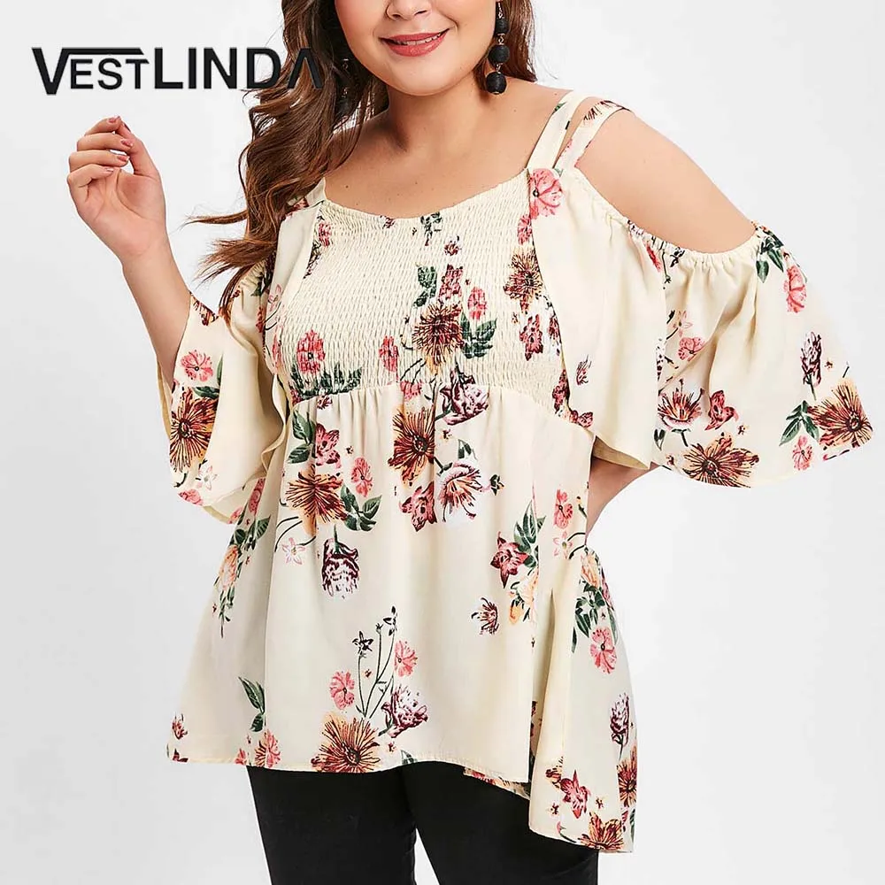 Женская блузка VESTLINDA с цветочным принтом глубоким вырезом на плечах большие