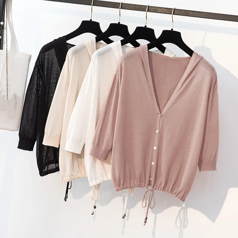 Hot Sale Female Hooded Lace-Up Knitted Sweaters Solid Ladies Spring Summer Single Breasted Thin Cardigans |