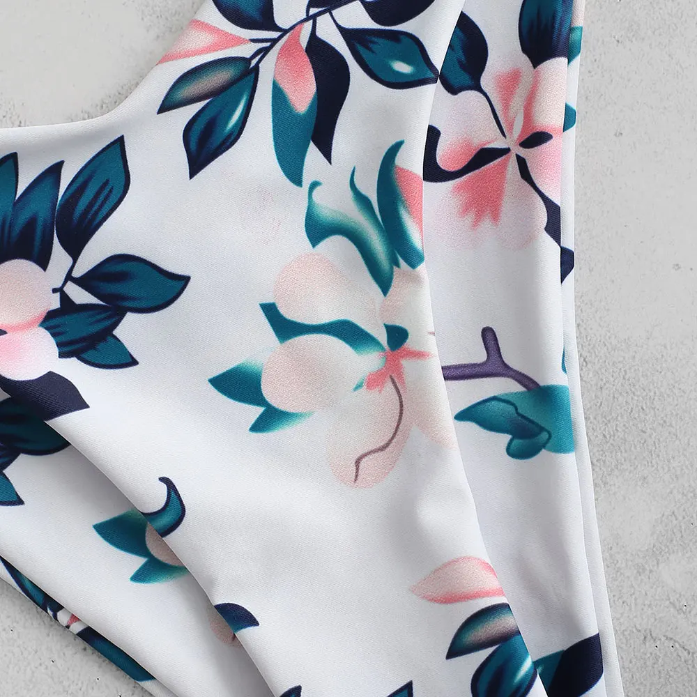 ZAFUL Beachwear Summer Plant Print Tie High Cut Women Set Casual Scoop Collar Padded Crop Top Elastic Shorts Beach Suits | Женская
