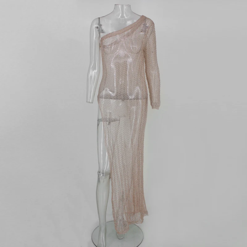 Santune New Arrival Hollow Out Dress One Shoulder Long Women Asymmetrical Split Summer Dresses 2019 Sexy Vestidos | Женская одежда