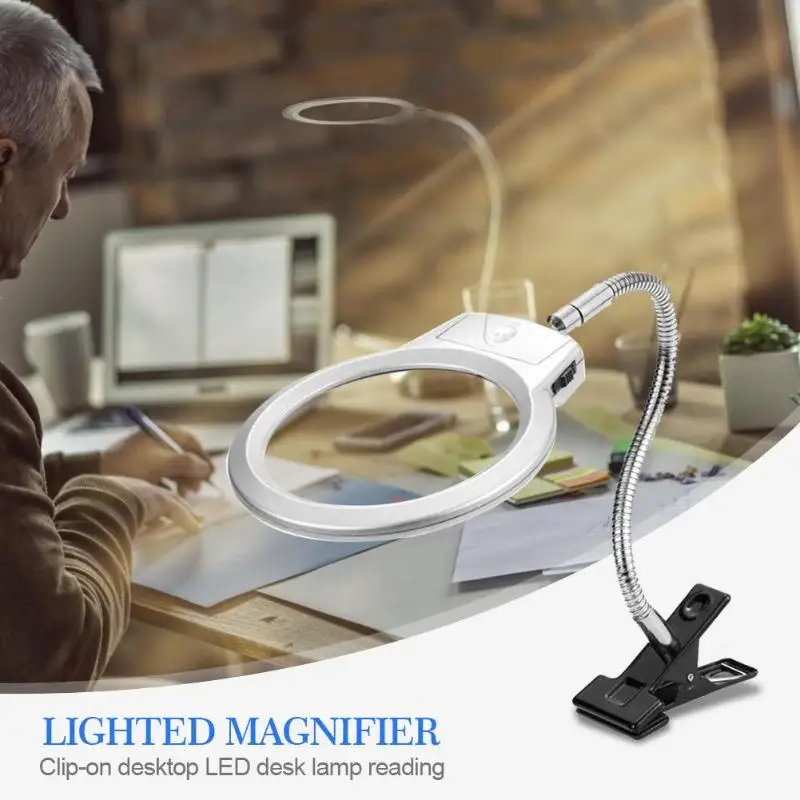2.5x 5x New Lighted Magnifier Clip-on Table Top Desk LED Lamp Student Reading Light Large Lens Magnifying Glass with Clamp