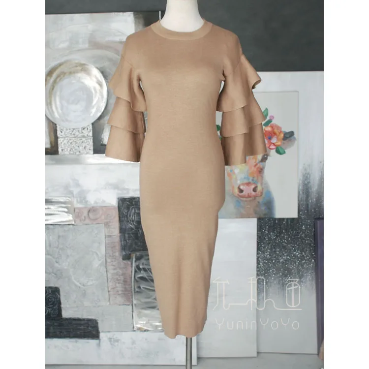 

YUNINYOYO Bright colour rib fabrics cascaded flared cuffs Short sleeve slim body and buttocks knitted dress spring Sheath dress