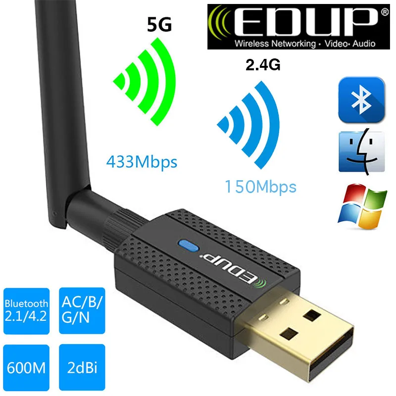 EDUP 600M USB 2,0 5,8G Двухдиапазонная сеть AC600 2,4G WiFi адаптер 2 в 1 600 Мбит/с беспроводной Bluetooth 4,2