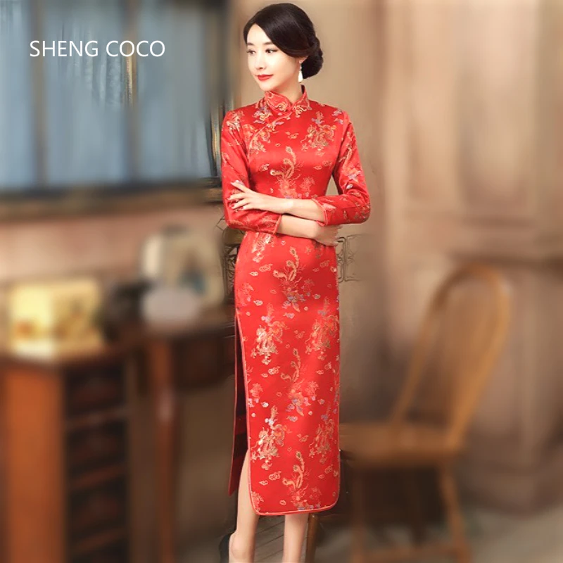 SHENG COCO женские платья в восточном стиле пятнистый Qipao с длинным рукавом красный