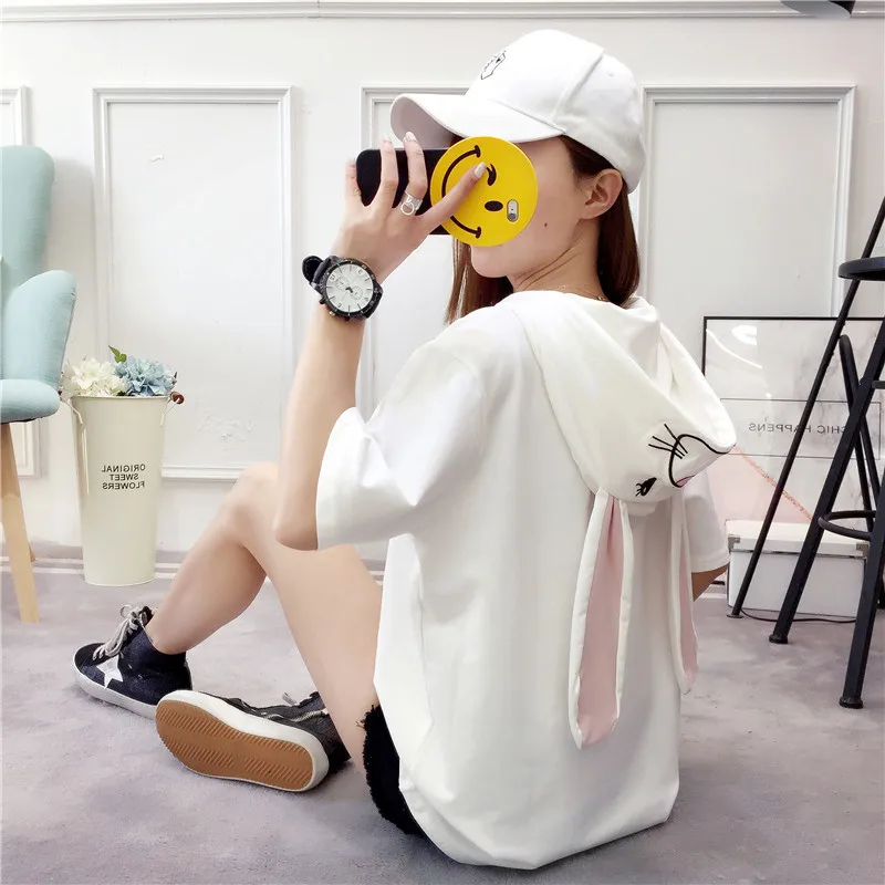 Женская футболка с капюшоном и длинными ушками милая розовая кроликом Kawaii