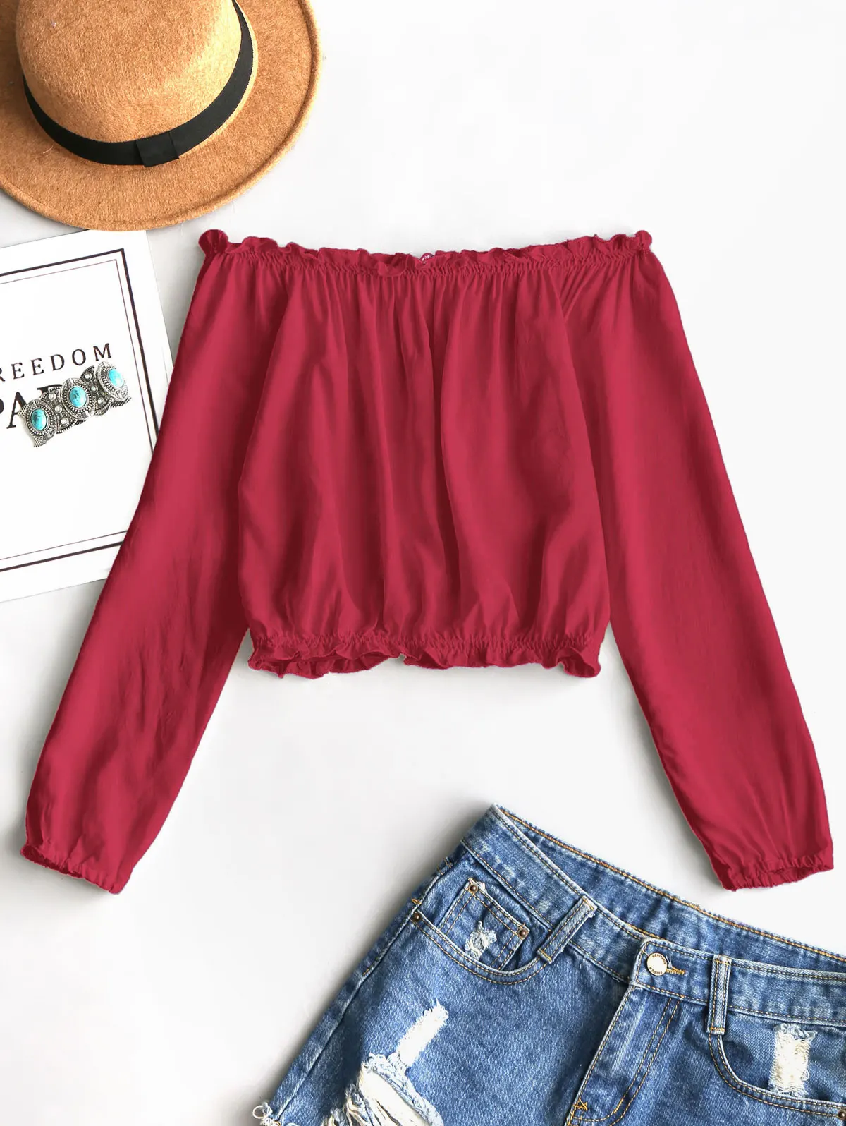 ZAFUL Укороченные блузки с открытыми плечами Повседневная чешская сплошная