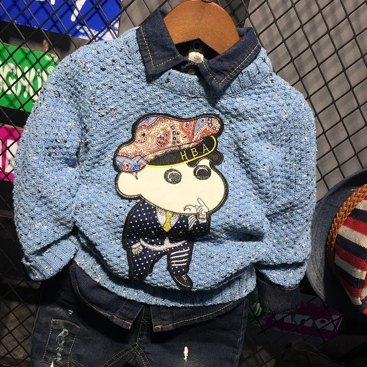 Spring Autumn Sports Suits For Boy Cartoon Print Sweater Denim Shirt Jeans 3pcs Toddler Boys Clothing Set Baby New Kids Costume | Детская