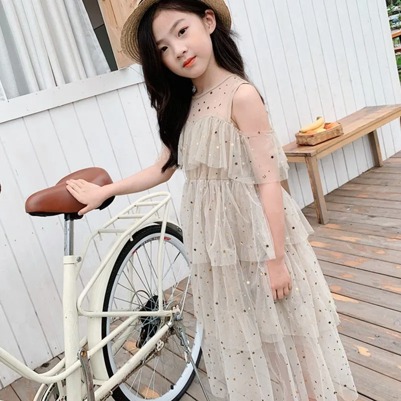Maxi Long Mesh Dresses For Teenagers Girl White Grey Off Shoulder Girls Dress Teen Summer Spring Kids Clothing 2021 New Arrival | Детская