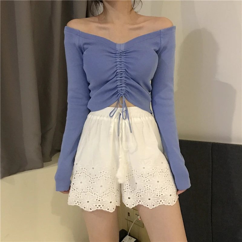Ladies Sexy Sweaters Slash Neck Long Sleeves Knitted Tops Lace Up Clubwear Female Clothing Spring Autumn Pullover Sweater | Женская