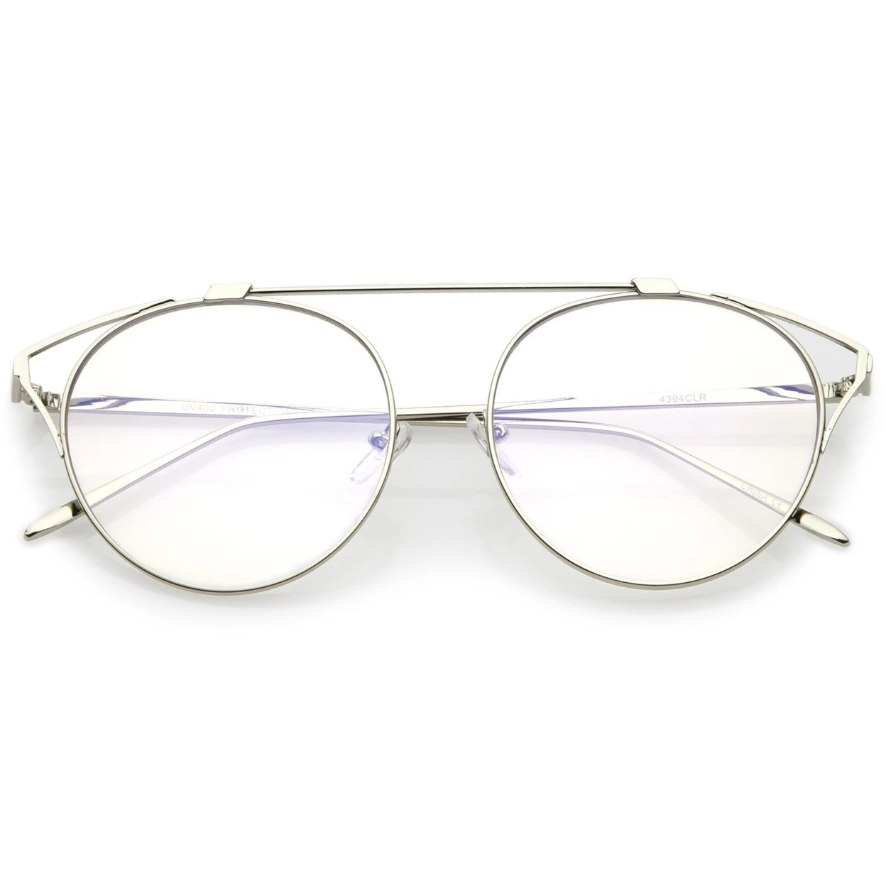 Oversize Open Metal Cat Eye Glasses With Crossbar And Round Clear Flat Lens 55mm |
