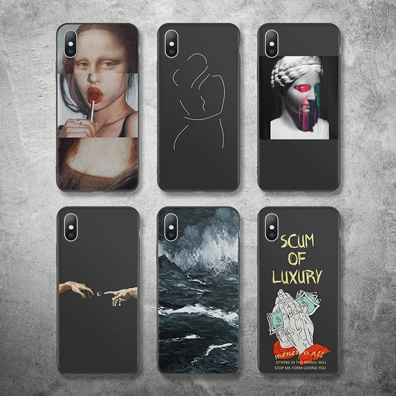 Lovebay Cartoon Statue Abstract Art Painted Case For iPhone 13 12 11 14 Pro Max 6 7 8 Plus X XR XS Max SE 2020 Cute Soft Cover