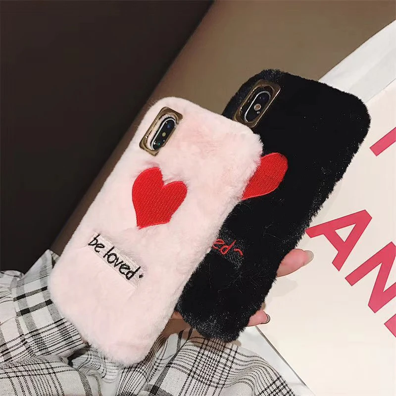 Plush Mobile Phone Case For IphoneX XR Xs MAX Fashion Love Embroidery Fur 6 7 8plus Soft Shellphone | Мобильные телефоны и