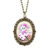 pink kitty patch pocket watch for girl quartz pocket watch analog pendant lovely clock gift for pocket watch with necklace