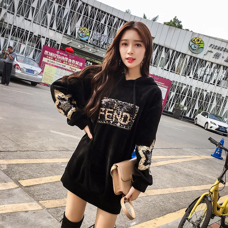 2018 winter hooded sweatershirt women plus velvet thick sequin embroidery loose long-sleeved tops female | Женская одежда
