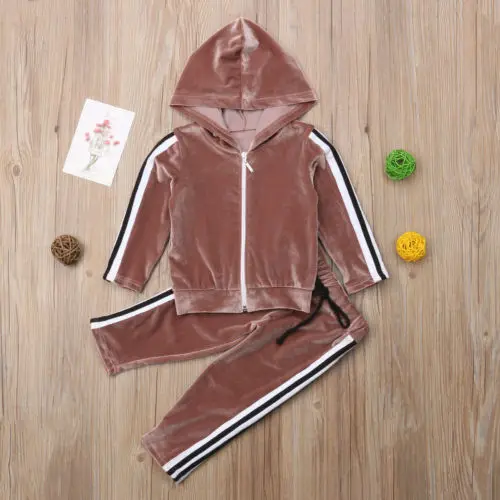 Sports Toddler Kids Baby Girl Casual Velvet Hoodie Long Sleeve T-shirt Tops Pants Solid Tracksuit Winter Outfit | Детская одежда и