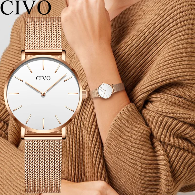 Женские наручные часы CIVO кварцевые из нержавеющей стали с сеткой золотого цвета