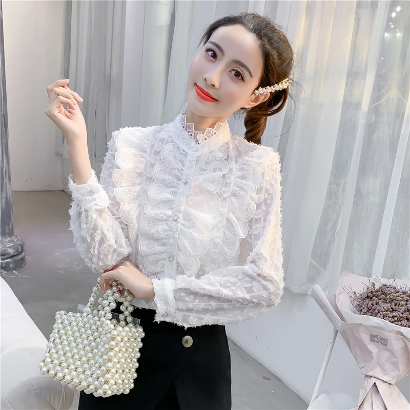 Женская блузка с длинным рукавом белая розовая воротником стойкой 2019|Блузки| |