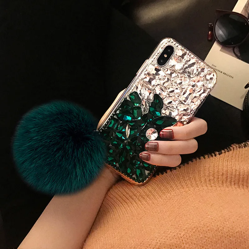 Lovebay Luxury Woman Shiny Case With Shell Hair Ball For iPhone X 8 7 6 6S Plus XR XS MAX Mobile Phone Holder Diamond Stone Capa |