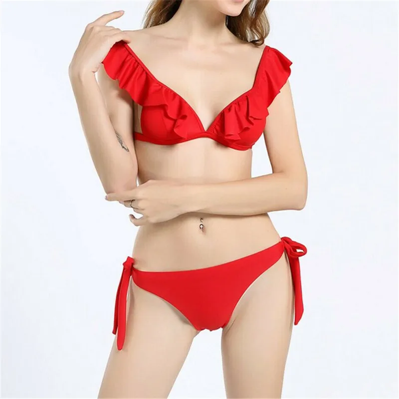 Женский купальник 2019 года в стиле ретро с рюшами и треугольными чашечками низкой