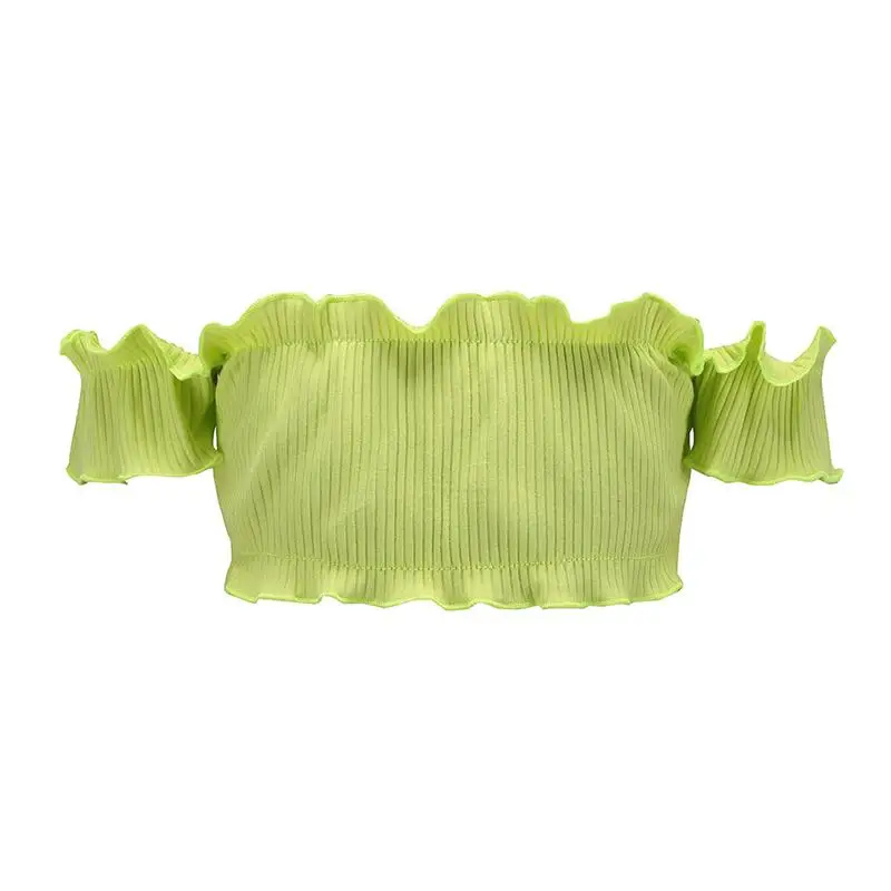Sexy Off Shoulder Ruffles Knitted Crop Short Tops For Women Sleeved t-Shirts Girls Summerwear Cool Candy Color | Женская одежда