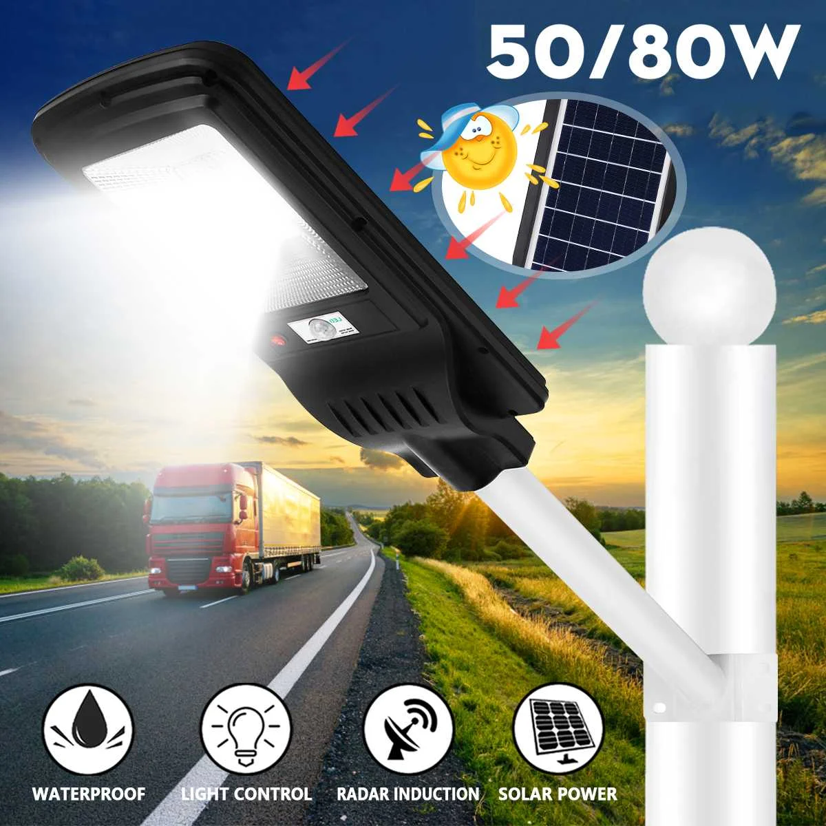 Водонепроницаемый 50/80W солнечный уличный светодиодный светильник движения Сенсор датчик движения настенный светильник сада IP65 2 Режим высокой яркий белый на открытом воздухе