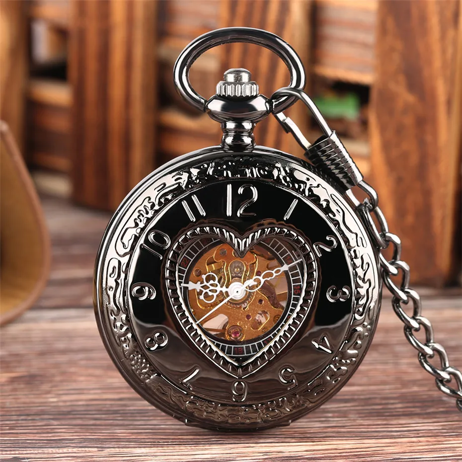 

Roman Numerals Dial Mechanical Pocket Watch Hand-winding Hollow Heart Shape Arabic Numeral Case Pendant Pocket Clock Gift Unisex