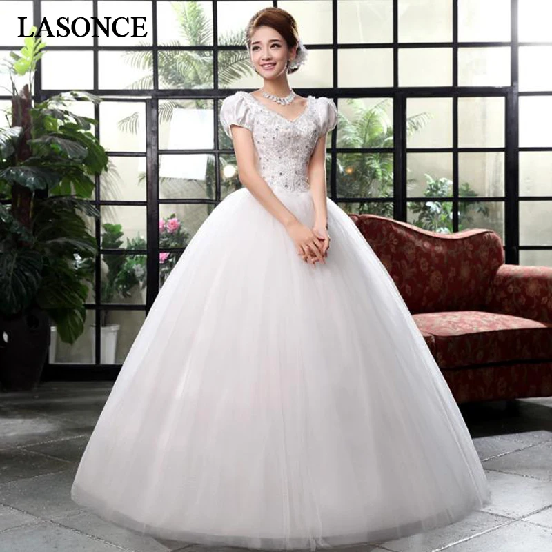 

LASONCE Sequined V Neck Lace Appliques Ball Gown Wedding Dresses Short Puff Sleeve Pearls Backless Bridal Gowns