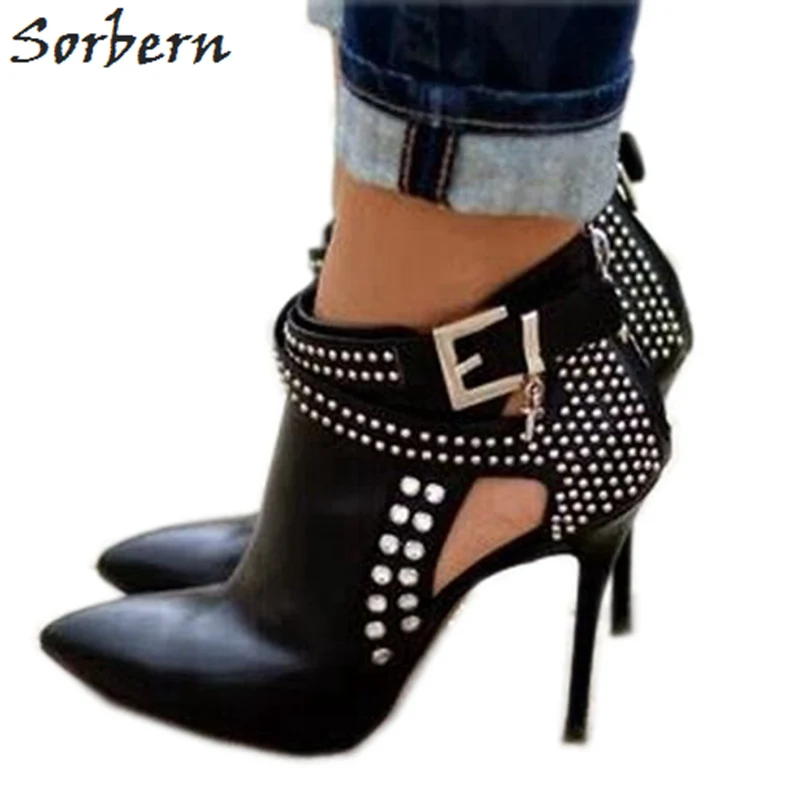 

Sorbern Black PU Ankle Boots Plus Size Boots Women High Thin Heels Pointed Toe Zipper Zapatos Mujer Bottine Femme Real Boot