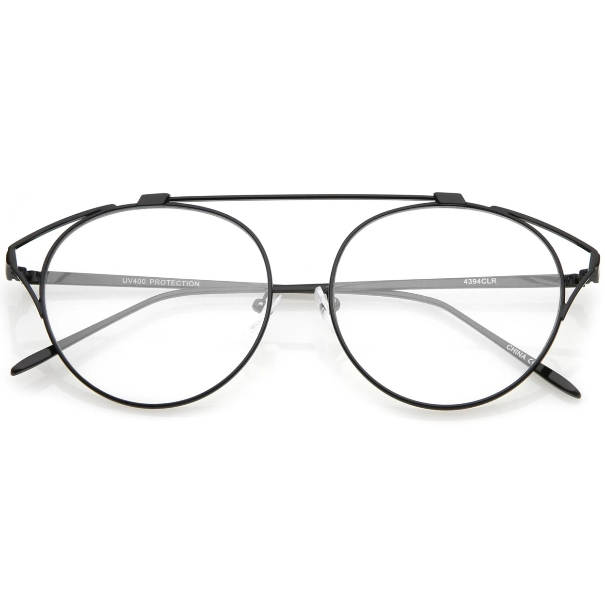 Oversize Open Metal Cat Eye Glasses With Crossbar And Round Clear Flat Lens 55mm |