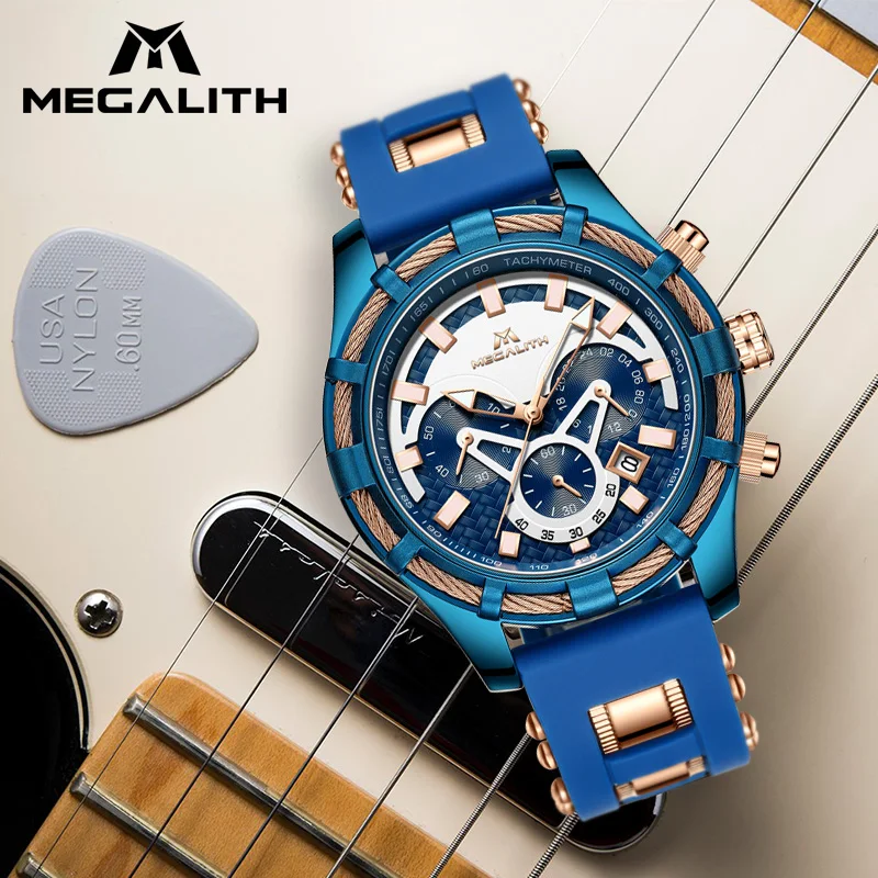 Мужские часы MEGALITH кварцевые с синим силиконовым ремешком