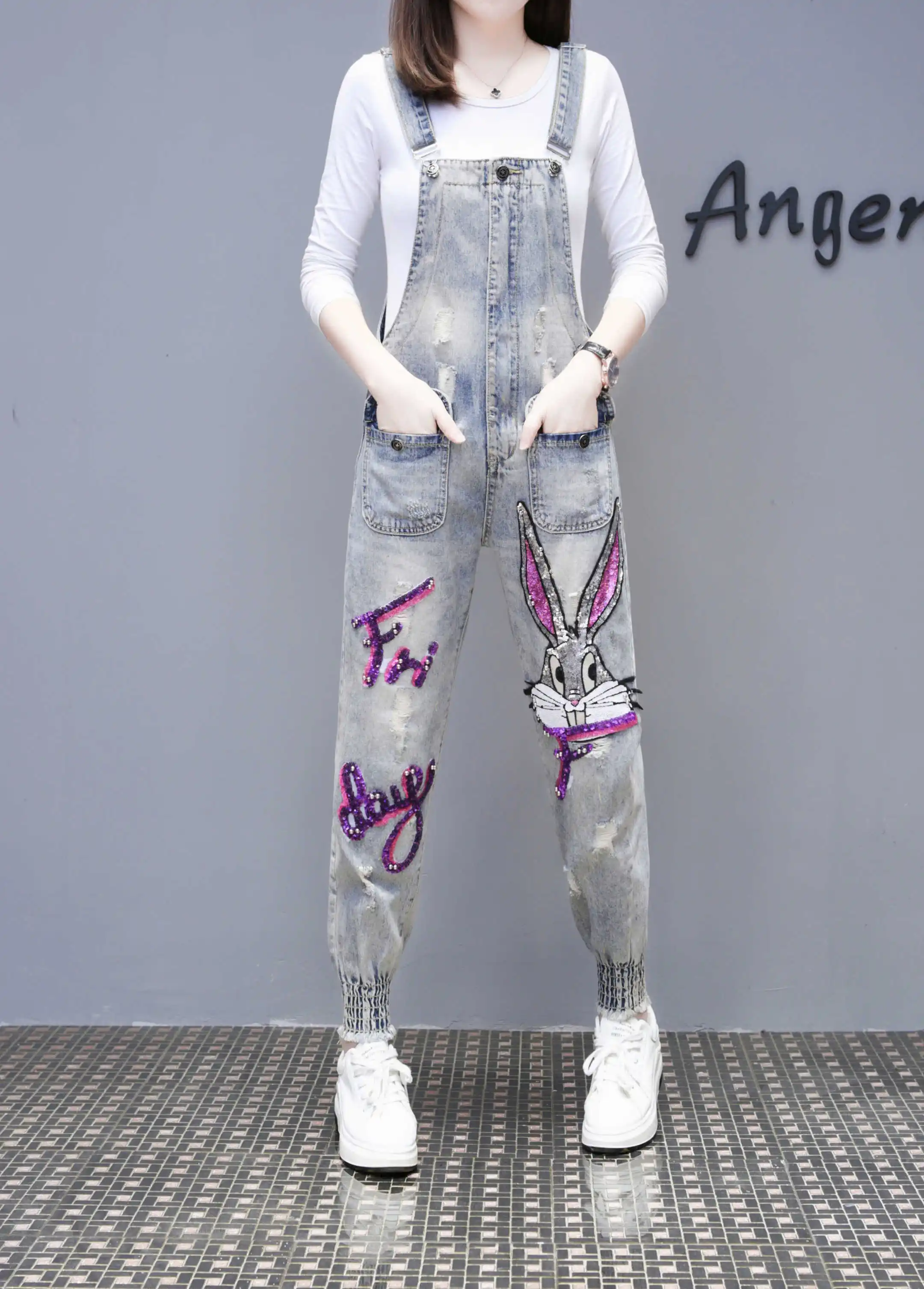 Комбинезон женский с жемчужинами и бисером повседневный джинсовый комбинезон