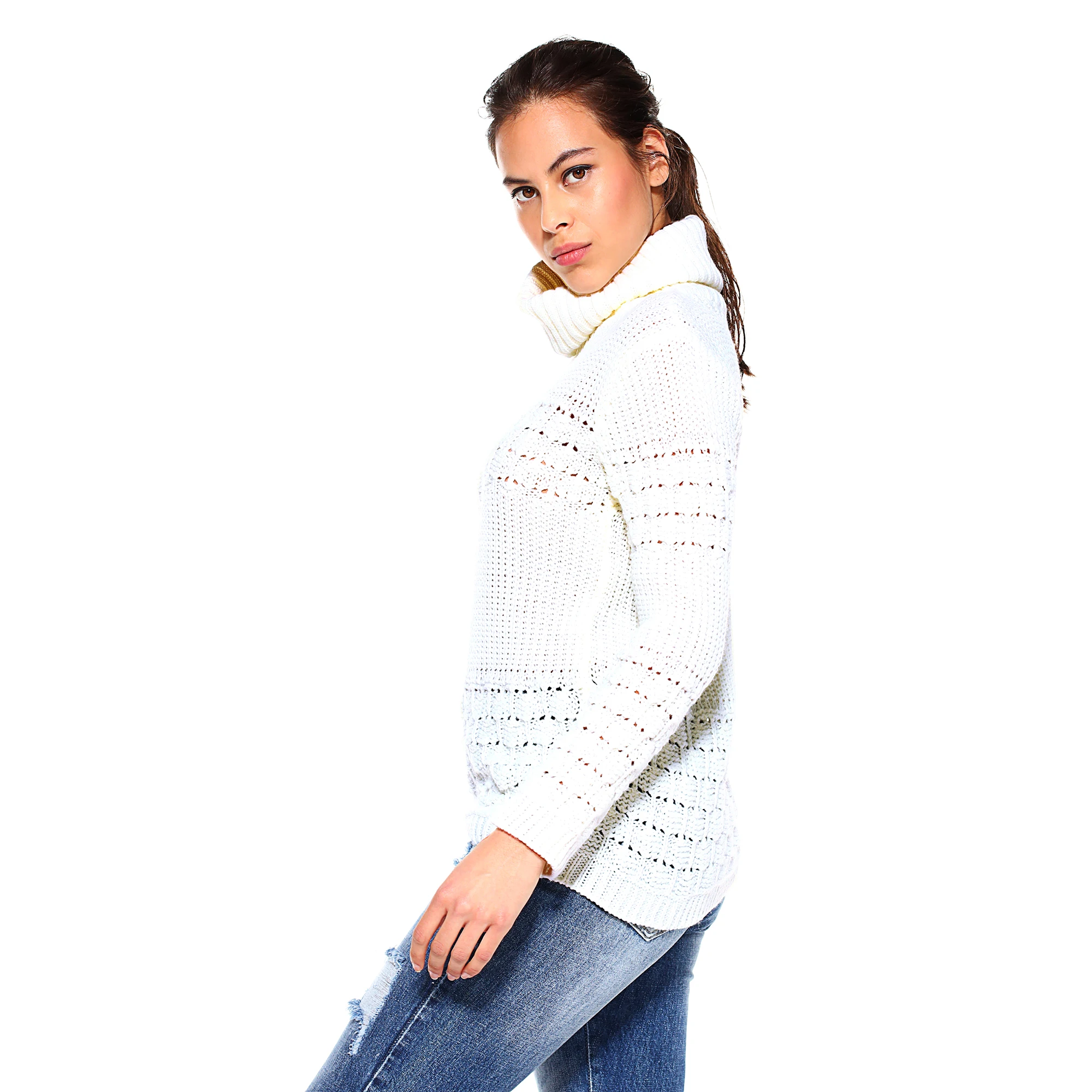 High neck sweater with fantasy knitting bands - 034224 JERSEY WOMAN WOMEN 3 S PULLOVER LONG SLEEVE | Женская одежда