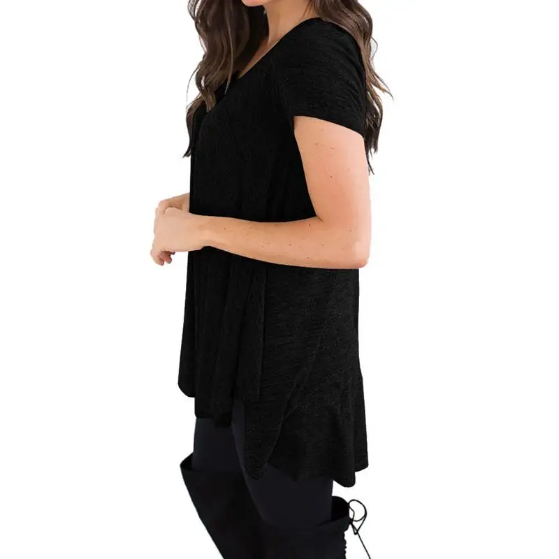 2018 New Summer Europe and America Casual Women Solid Color V-Neck Irregular T-Shirts Female Short Sleeve Pullover Tees | Женская одежда