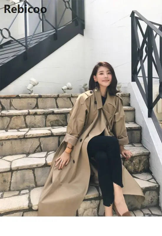 

UK Brand new Fashion Fall /Autumn Casual Double breasted Simple Classic Long Trench coat with belt Chic Female windbreaker