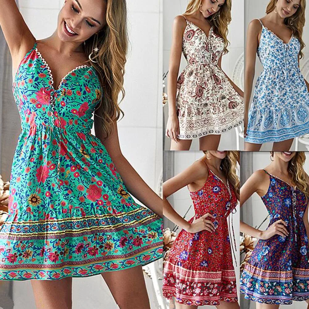 Винтажное женское мини платье без рукавов с цветочным принтом Boho летнее