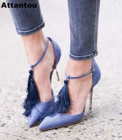 blue jeans thin high heels tassel dress shoes women stiletto heeled buckle designer pointed toe sexy pumps party shoes