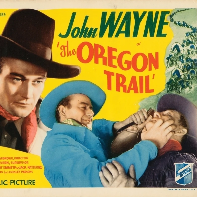 The Oregon Trail Lobbycard Джон Уэйн (слева и в центре) Гарри Харви (справа) 1936 постер с фильмом